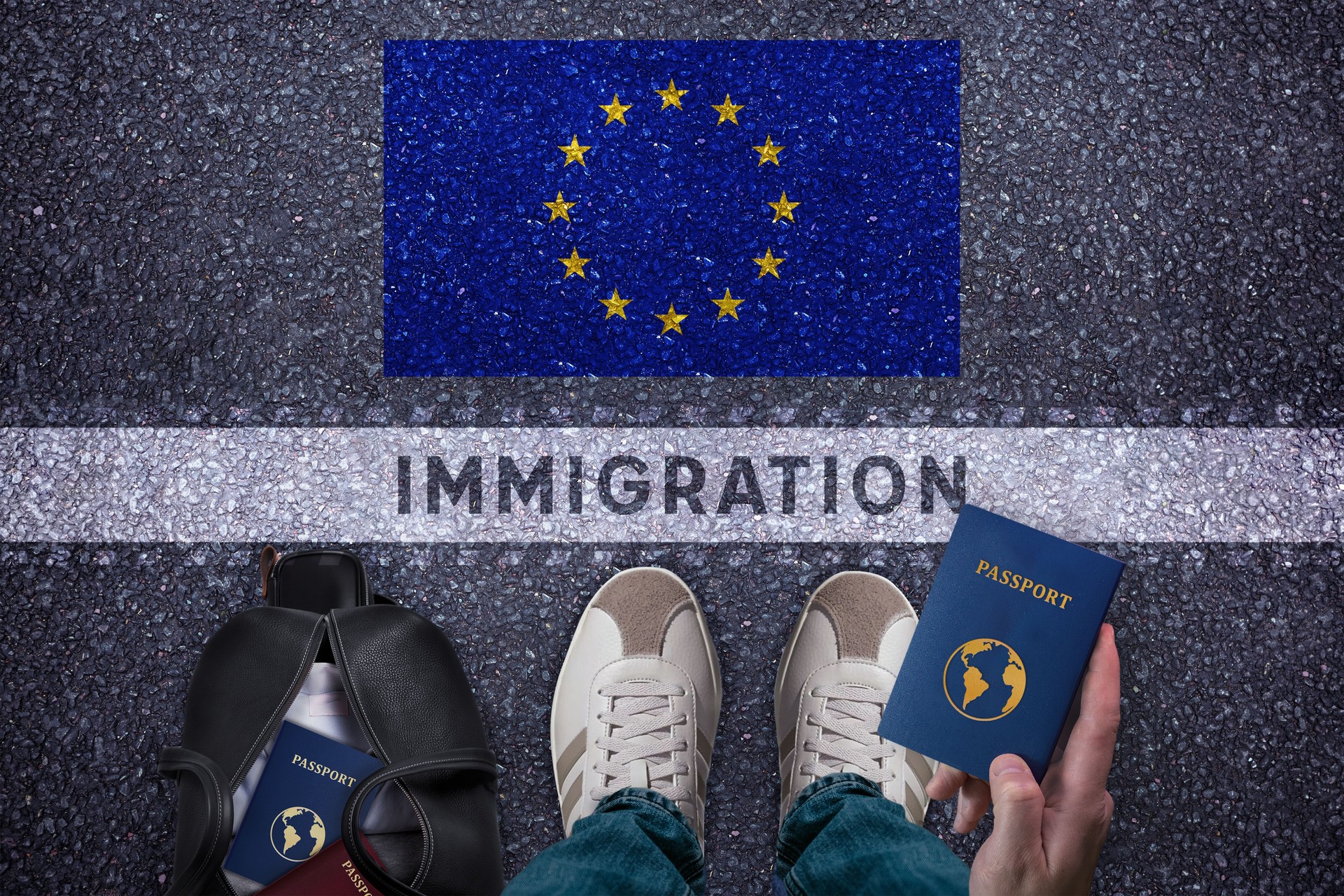 Travel to Europe. Traveler perspective with bag, passport and Europe Union flag on asphalt road Travel to Europe. Traveler perspective with bag, passport and Europe Union flag on asphalt road